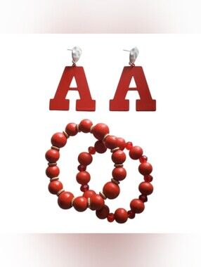Red Initial Earrings and Bracelet Set